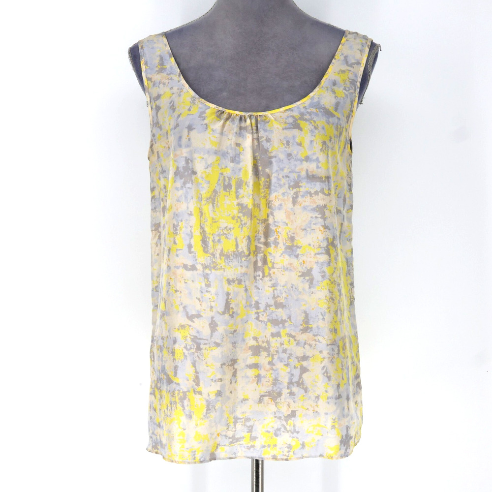 Cabi Top Womens Small Yellow Gray Silk Tank Blouse Button Back Beach Coastal